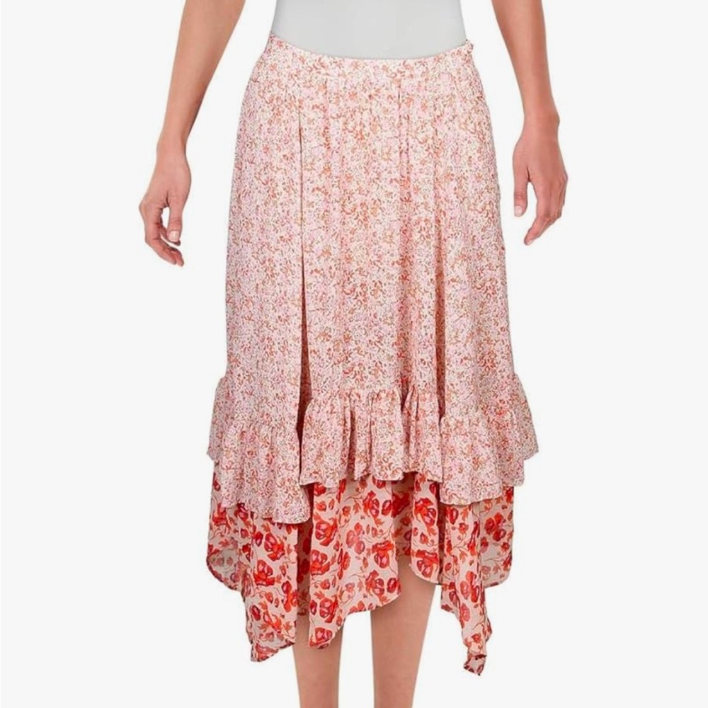 Free People Pink and Red Floral Midi Skirt